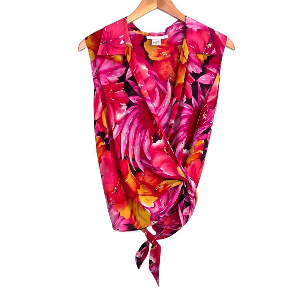 Doncaster 100% Silk Sleeveless Blouse Side Tie Floral Print Pink Women's Size M